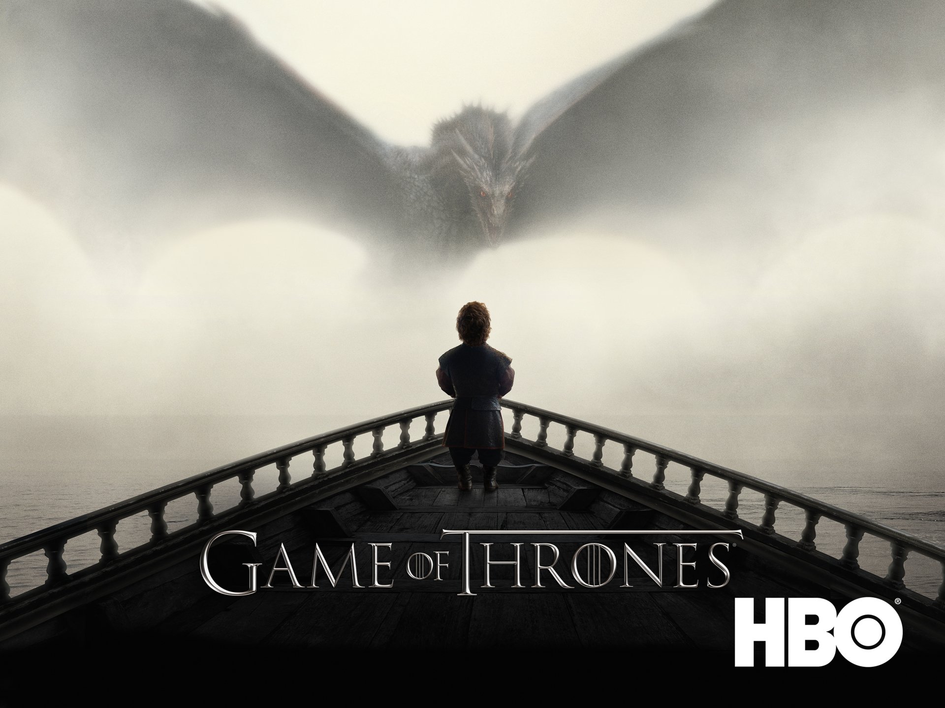 Game of Thrones TV show 4K Ultra HD PC desktop wallpaper: lone figure on a ship's prow faces a massive dragon emerging from mist, series title and HBO logo visible.
