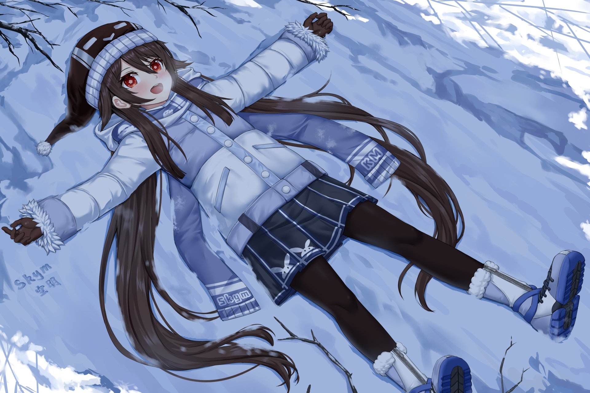 HD PC desktop wallpaper featuring Hu Tao from the video game Genshin Impact lying in the snow with a joyful expression and winter attire.