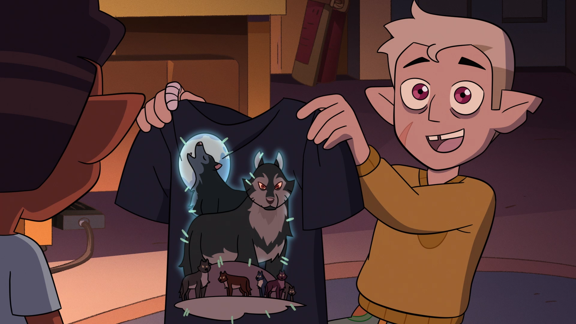Hunter from The Owl House holds up a black T-shirt featuring glowing wolf-themed artwork in this HD PC desktop wallpaper.