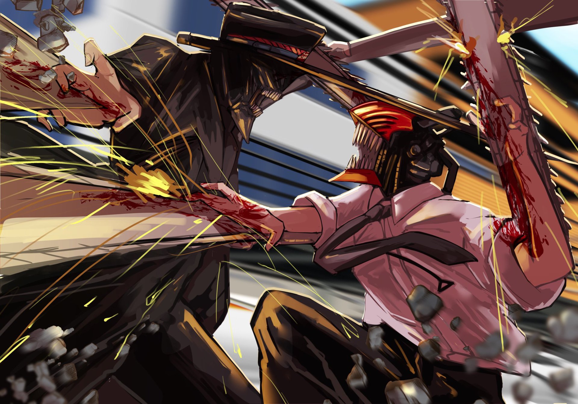 HD PC wallpaper featuring Denji and Katana Man from the anime Chainsaw Man engaged in an intense, blood-splattered battle scene.