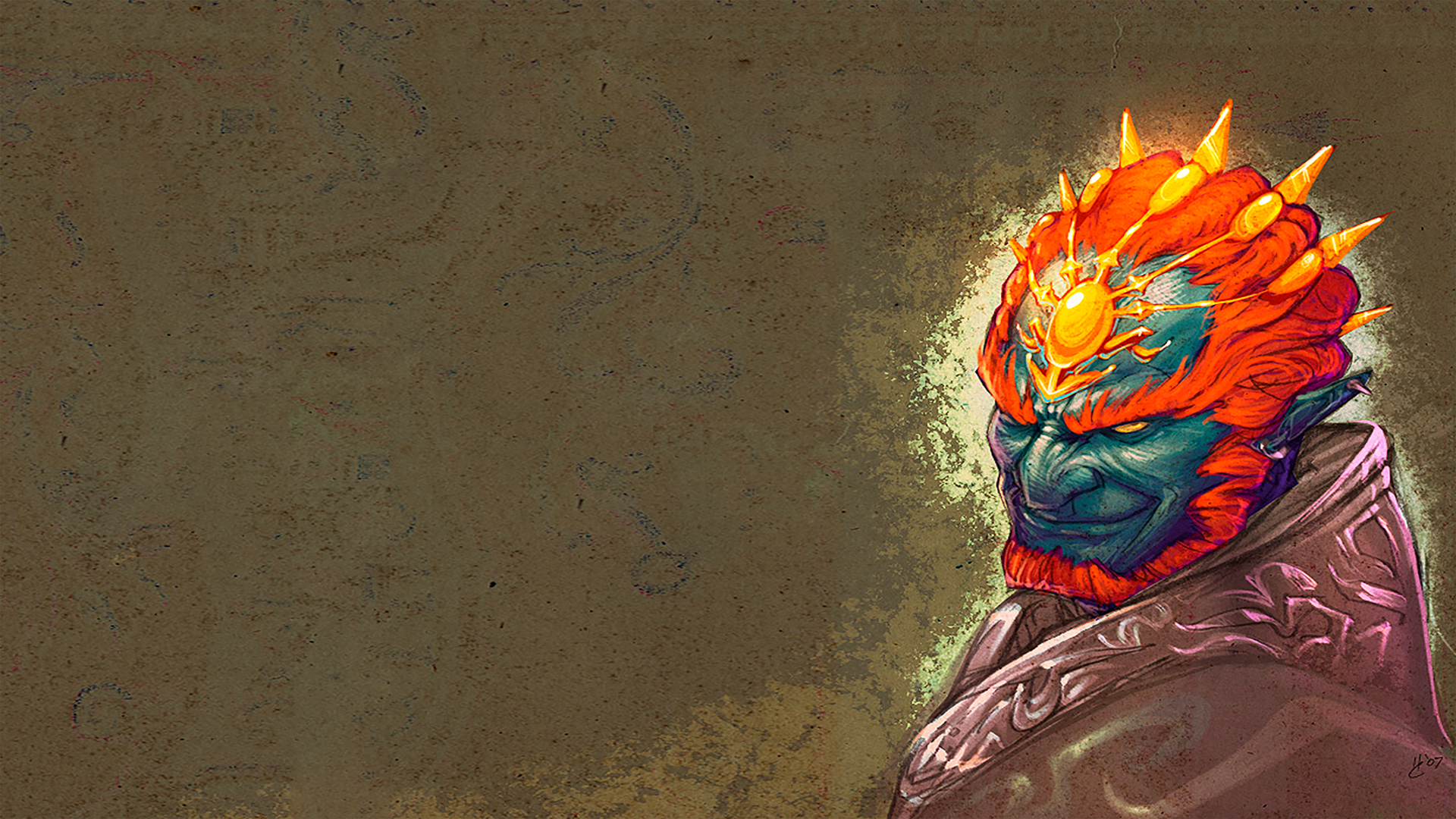 4K Ultra HD PC wallpaper featuring a detailed, fiery depiction of Ganondorf from The Legend of Zelda video game series against a textured brown background.