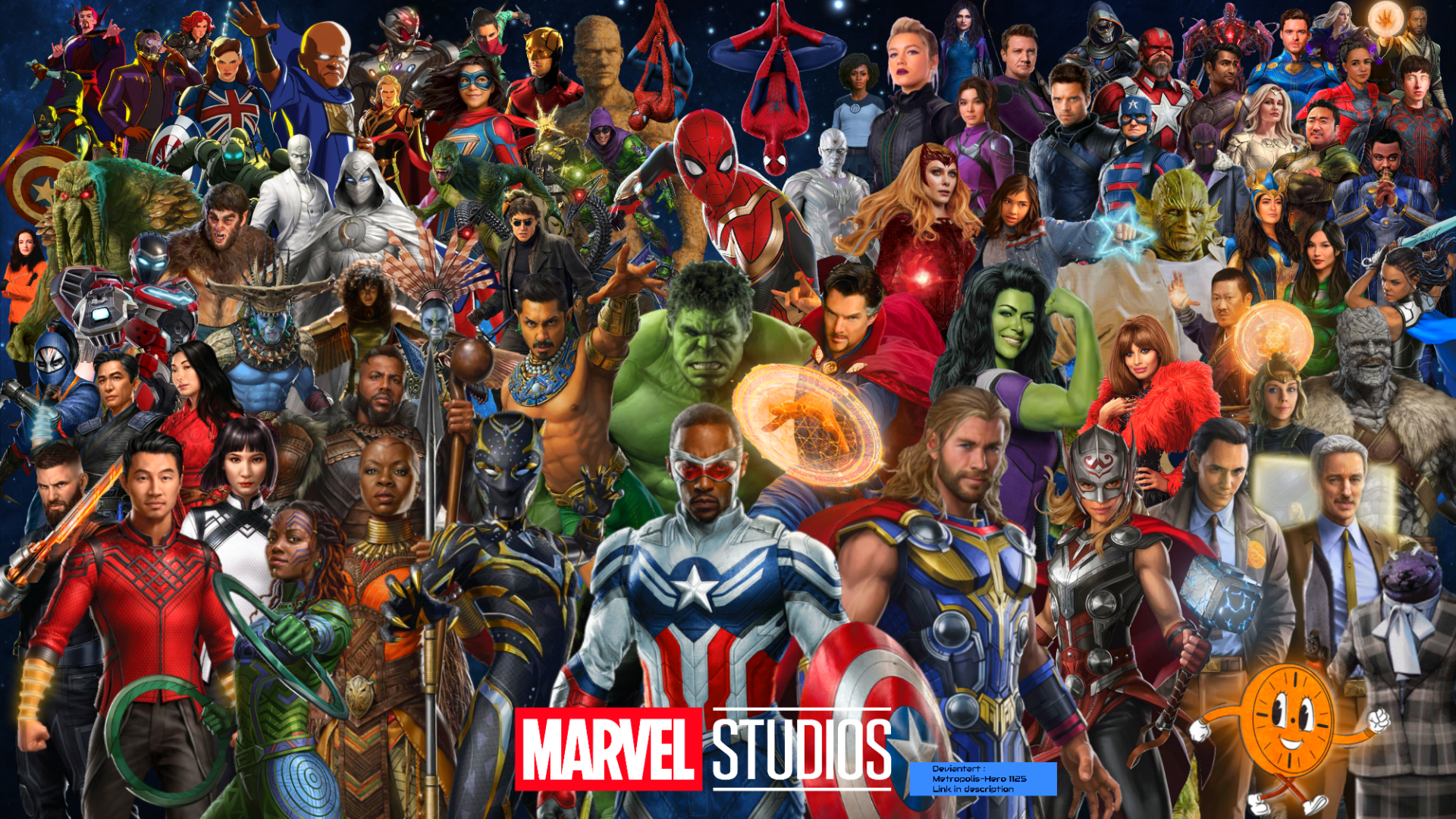 HD PC desktop wallpaper featuring a vibrant collage of Marvel Studios movie characters from the Marvel Cinematic Universe.