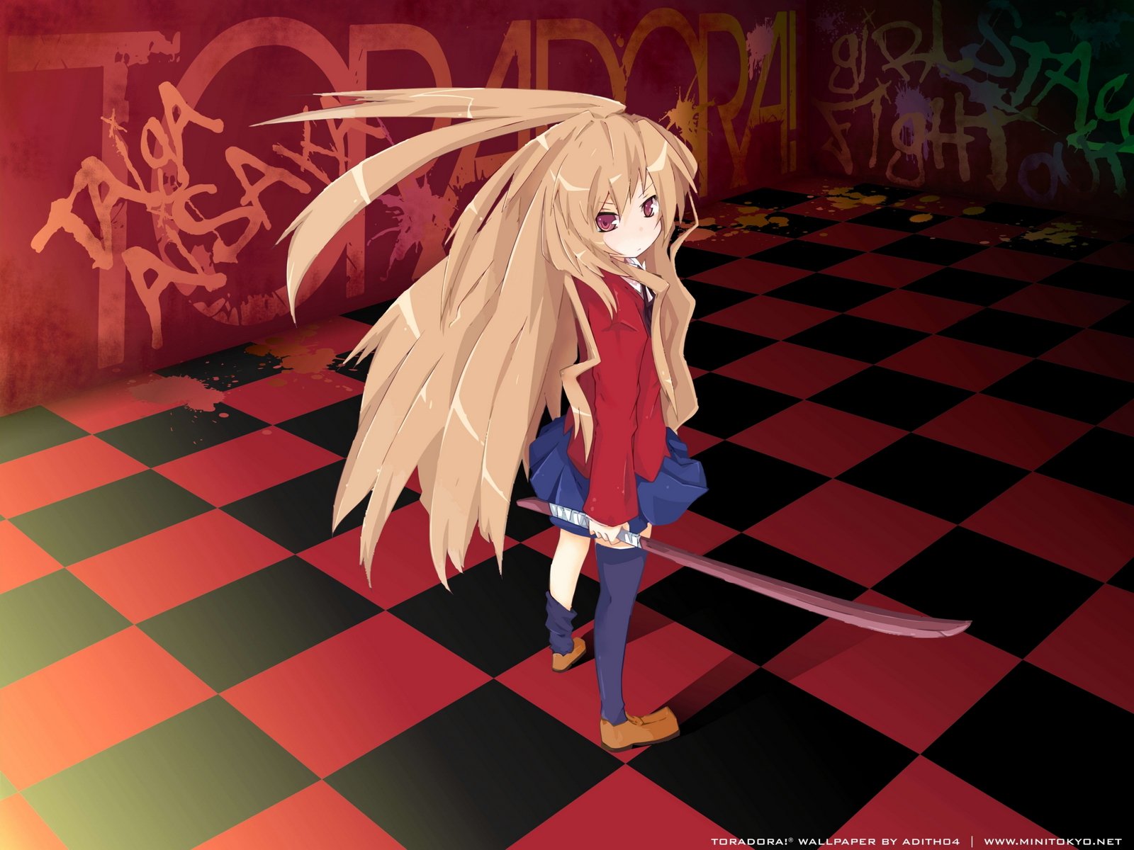 Taiga Aisaka from Toradora! anime stands on a red-and-black checkered floor, wearing a skirt and red jacket and holding a wooden sword — HD PC desktop wallpaper/background.