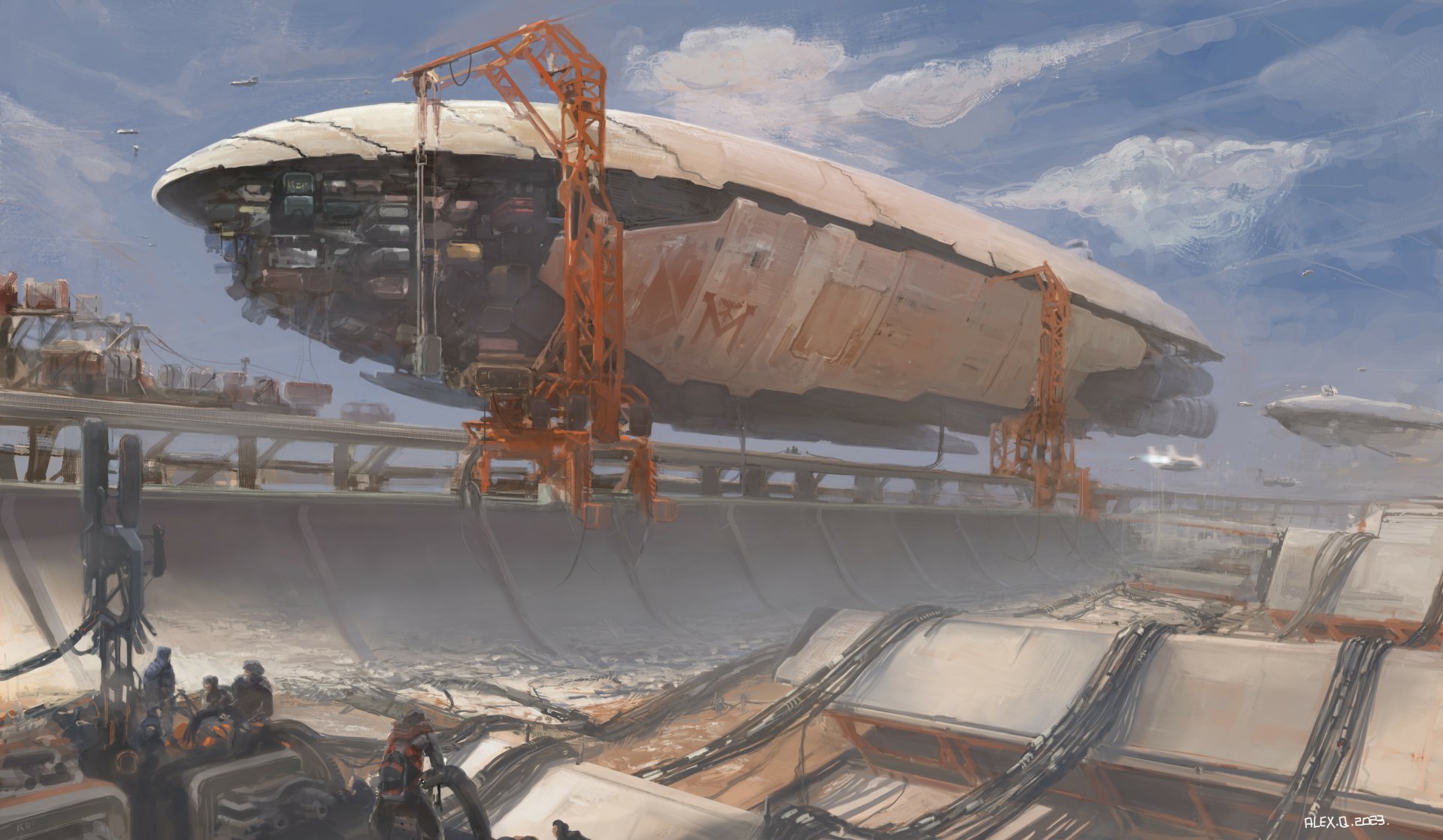 Sci-fi massive airship spaceship docked on a sandy orbital platform with cranes and hangars, figures and equipment below — 4K Ultra HD PC desktop wallpaper and background.