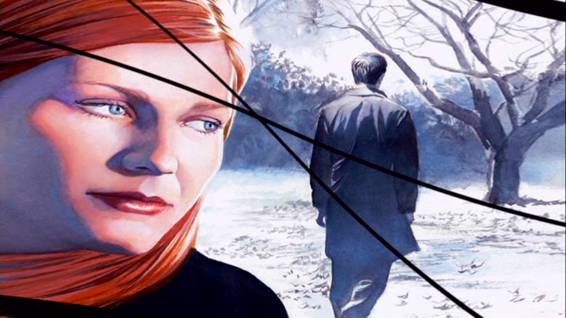 HD desktop wallpaper featuring Mary Jane Watson's face in the foreground and Peter Parker walking away in a snowy, Spider-Man movie-inspired scene.