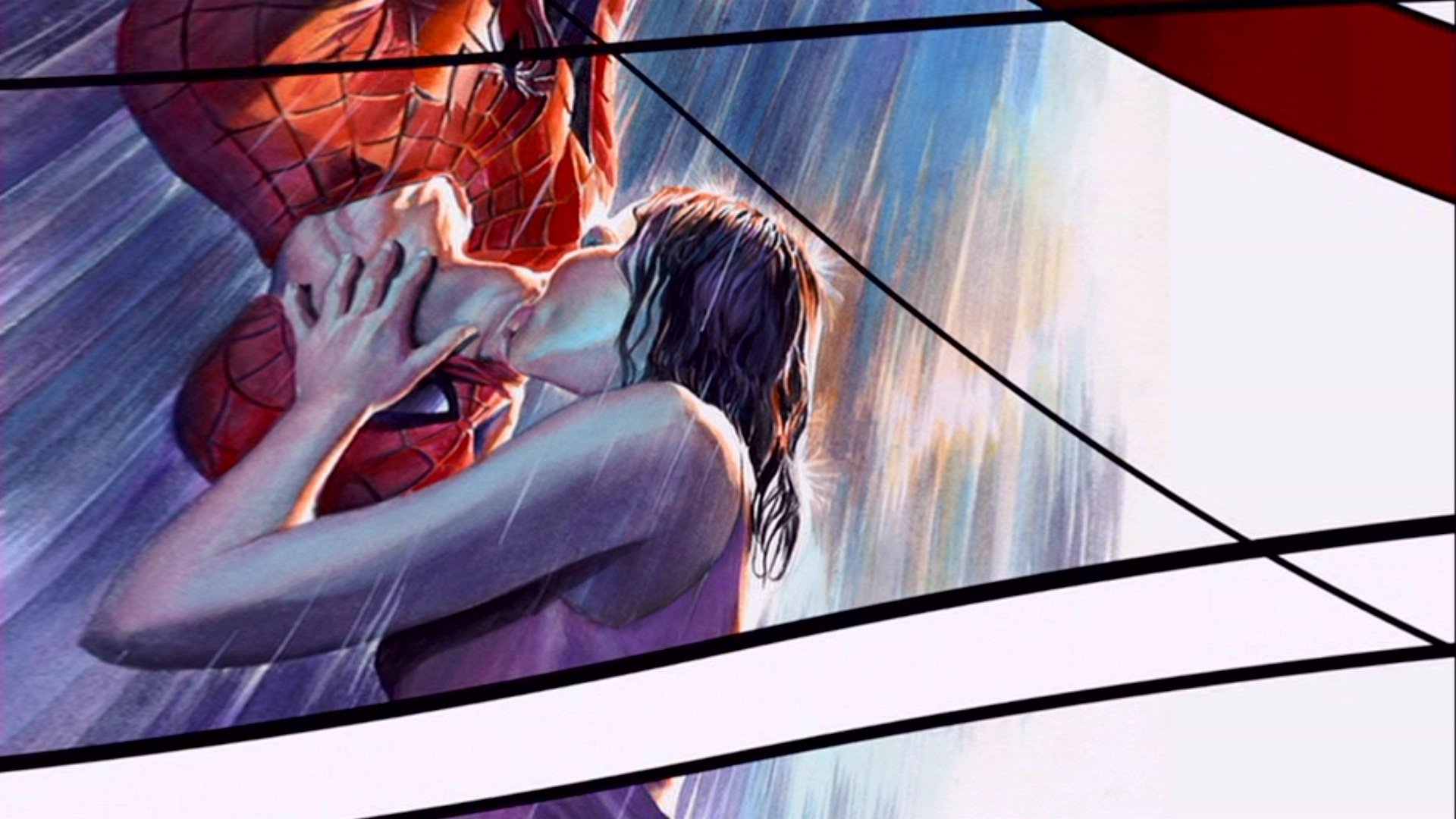 A vibrant HD wallpaper from *Spider-Man 2*, featuring Spider-Man kissing Mary Jane in the rain, capturing a romantic and iconic moment from the film.