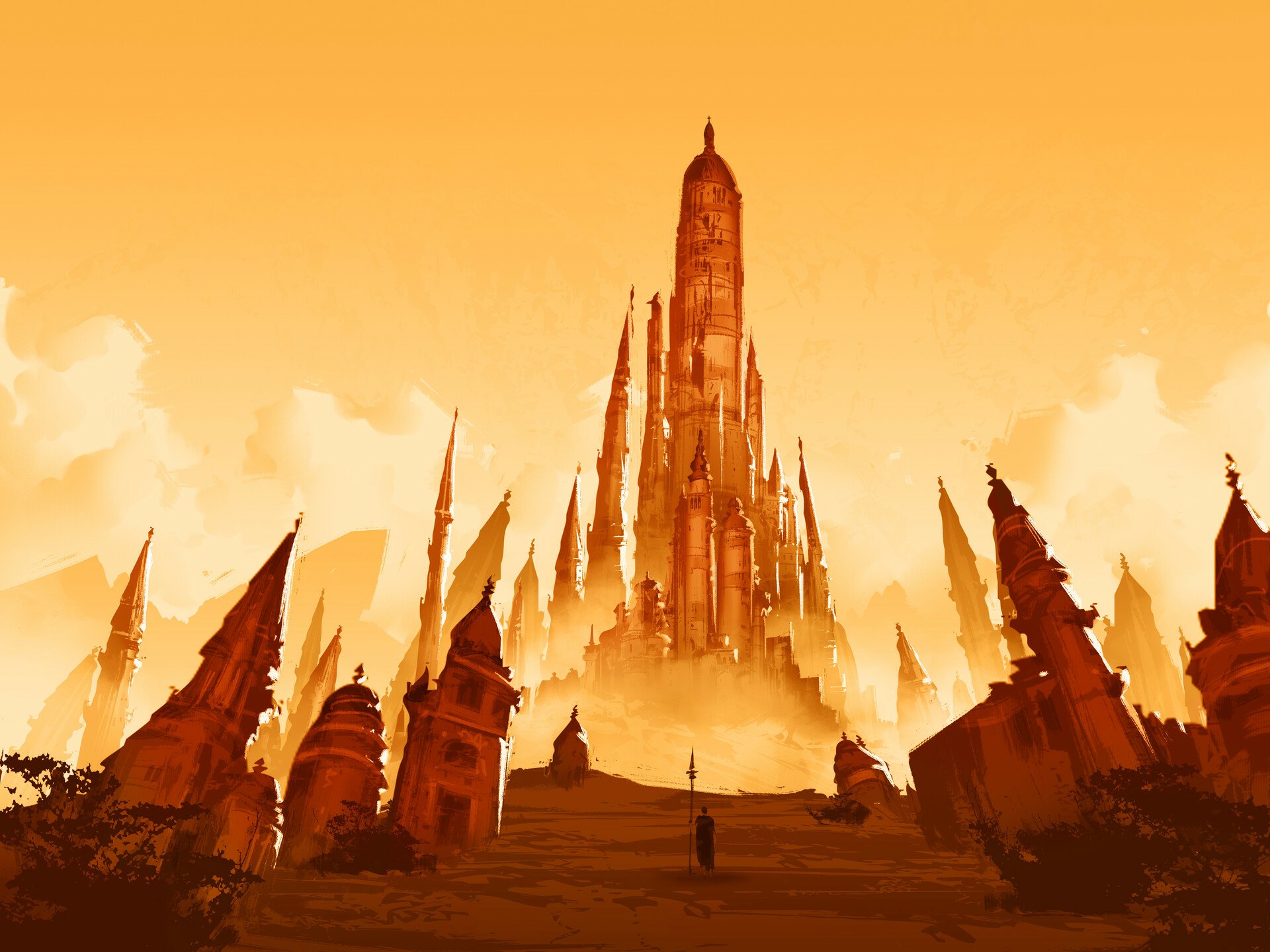 HD PC desktop wallpaper featuring a towering fantasy city with sharp spires against a warm, glowing sky.