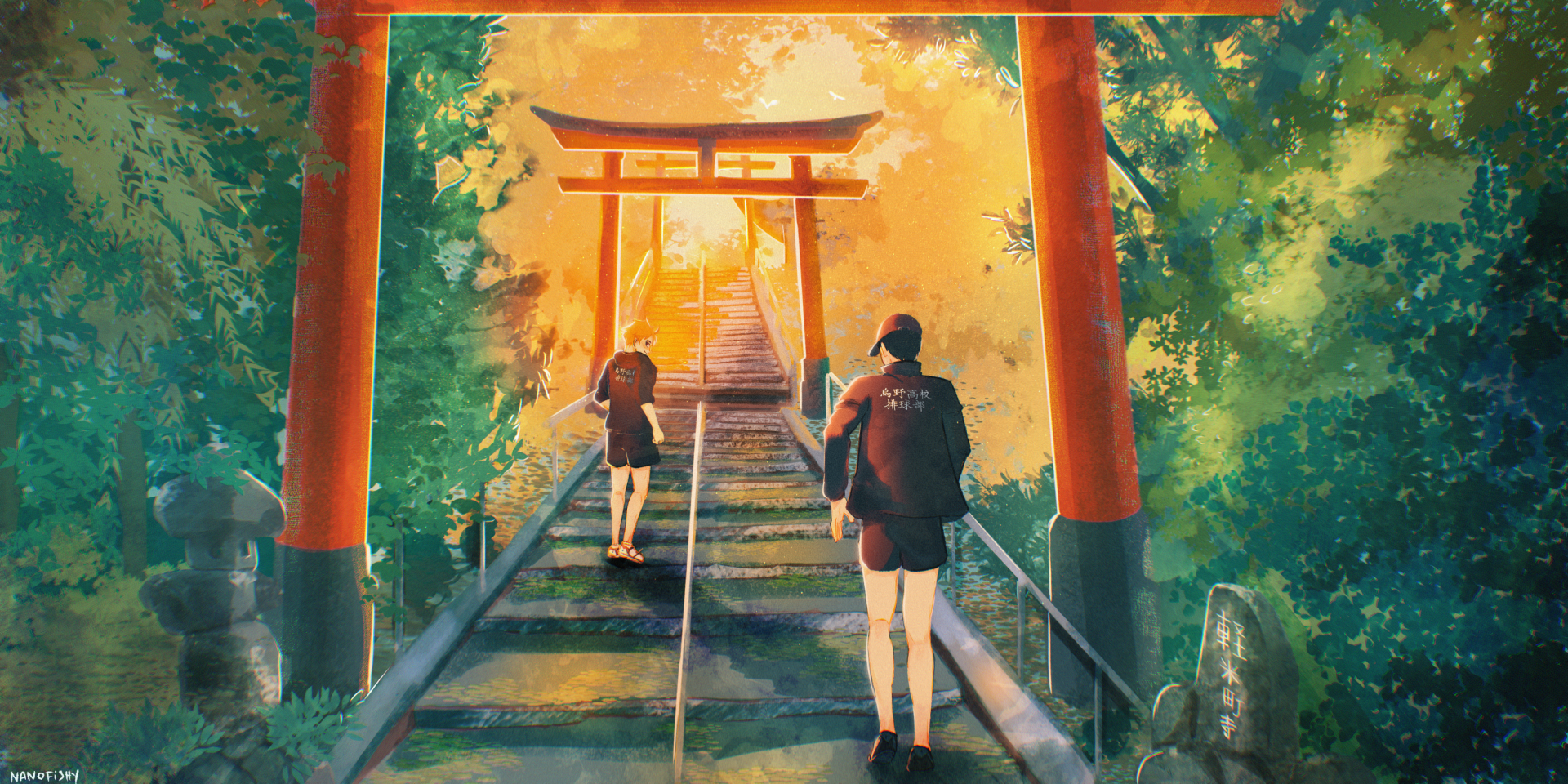 HD anime desktop wallpaper featuring Tobio Kageyama and Shōyō Hinata from Haikyū!! ascending stone steps beneath a torii gate surrounded by vibrant autumn foliage.