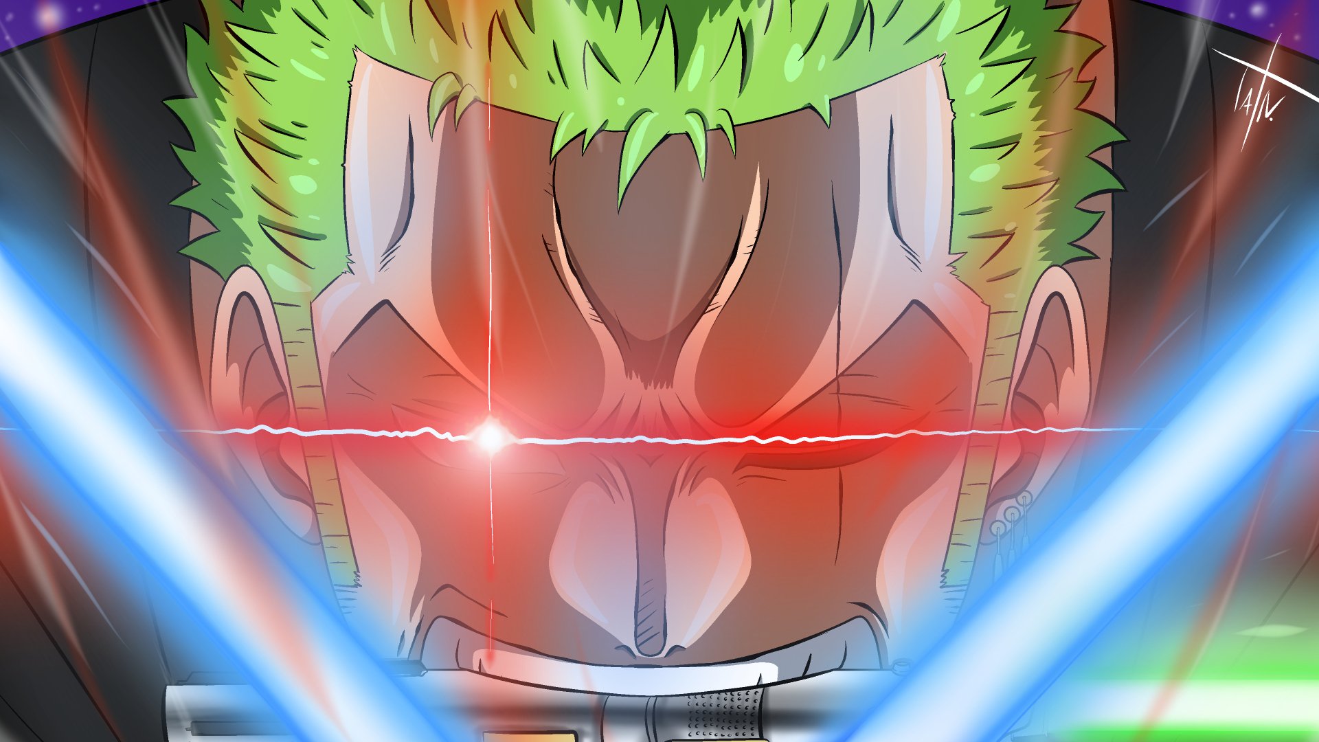 Close-up of Roronoa Zoro with glowing red eyes and green hair in a dynamic 4K Ultra HD PC desktop wallpaper, highlighting intense focus and energy.