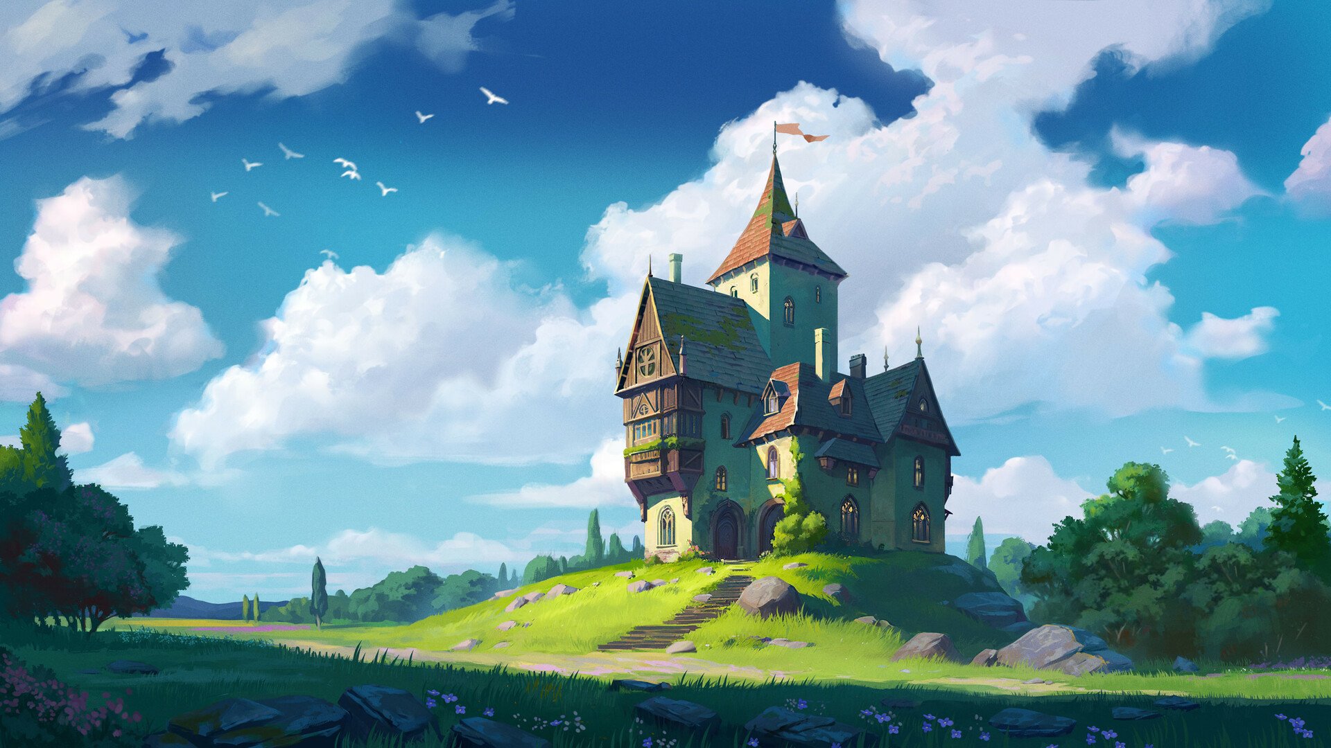 HD fantasy desktop wallpaper featuring a charming, multi-tower house on a grassy hill under a bright blue sky with fluffy clouds and flying birds.