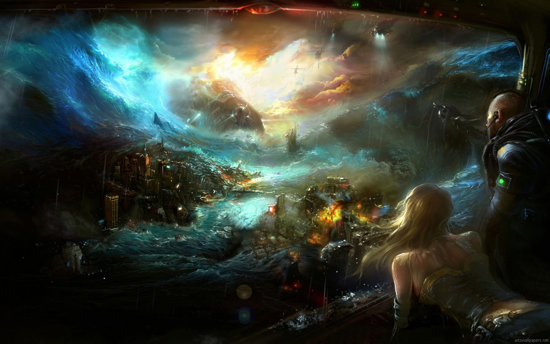HD PC desktop wallpaper depicting a sci-fi apocalyptic scene with stormy skies, fiery destruction, and two figures observing the chaos from a dark foreground.