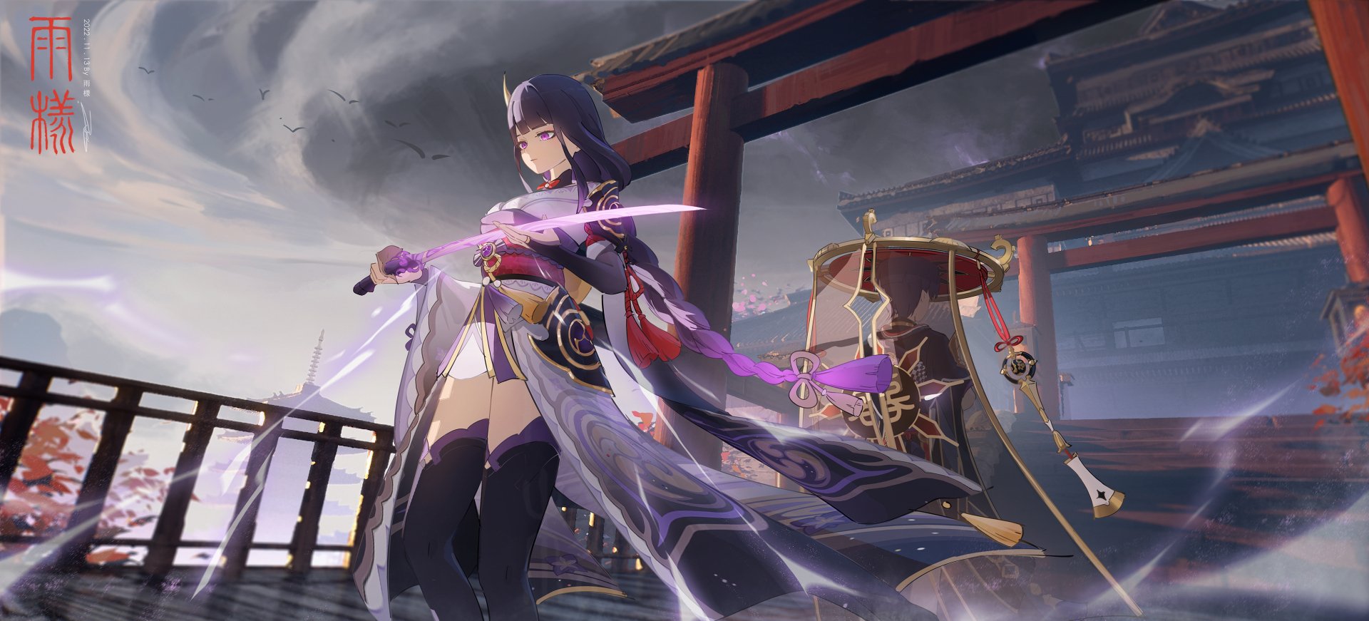 HD PC wallpaper featuring Scaramouche and Baal Raiden Shogun from the video game Genshin Impact, set against a dramatic, stormy background with traditional Japanese architecture.