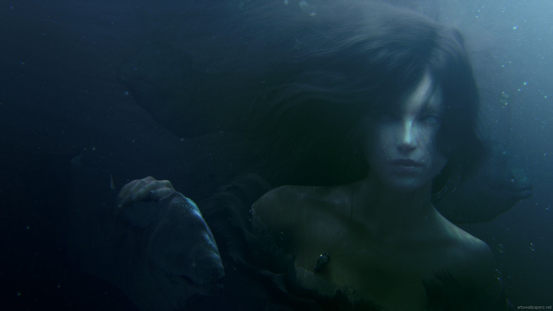 A mystical figure floats serenely underwater, embodying a magical oceanic fantasy. This HD wallpaper creates an enchanting atmosphere for any desktop background.