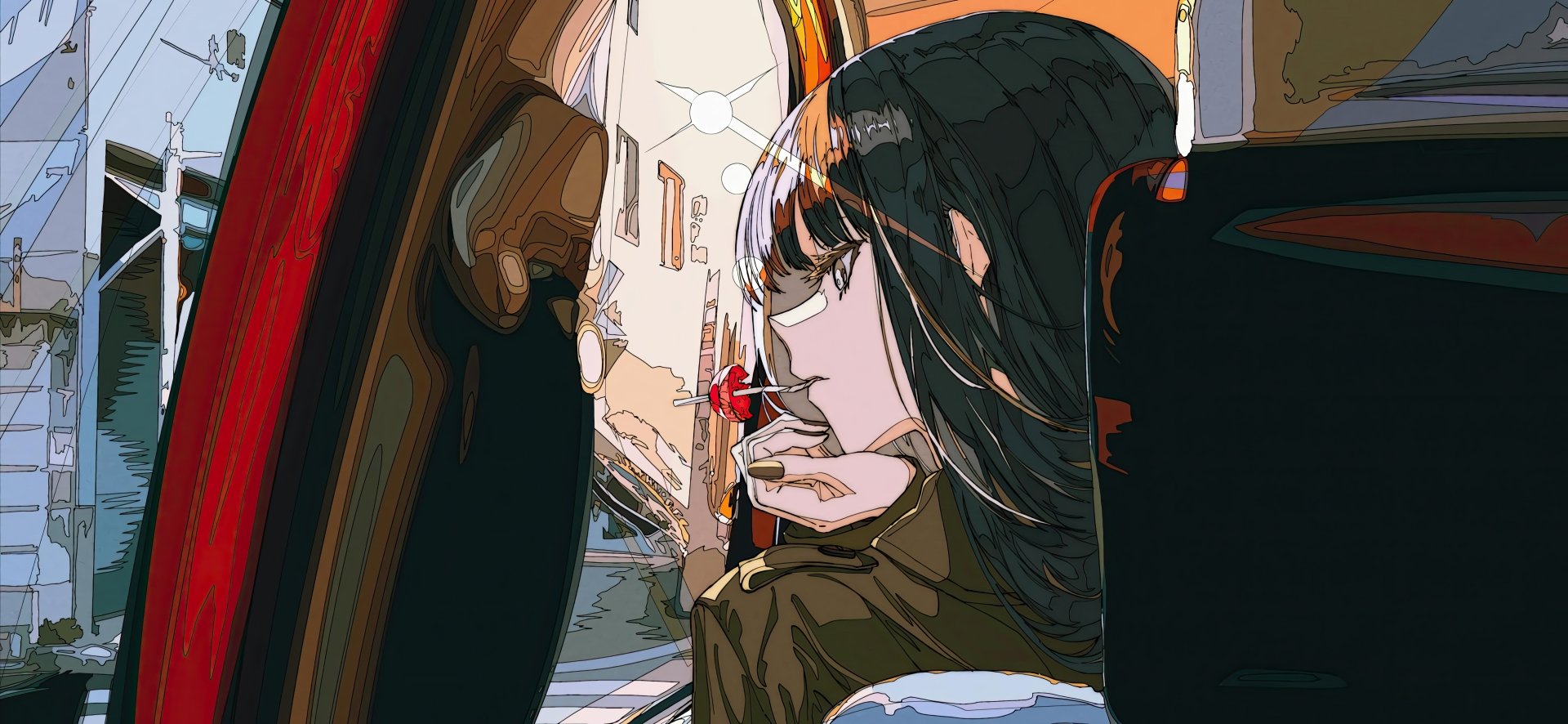 Anime girl with long dark hair blowing a red flower petal, set against a vibrant cityscape, presented in 8K Ultra HD for PC desktop wallpaper and background.