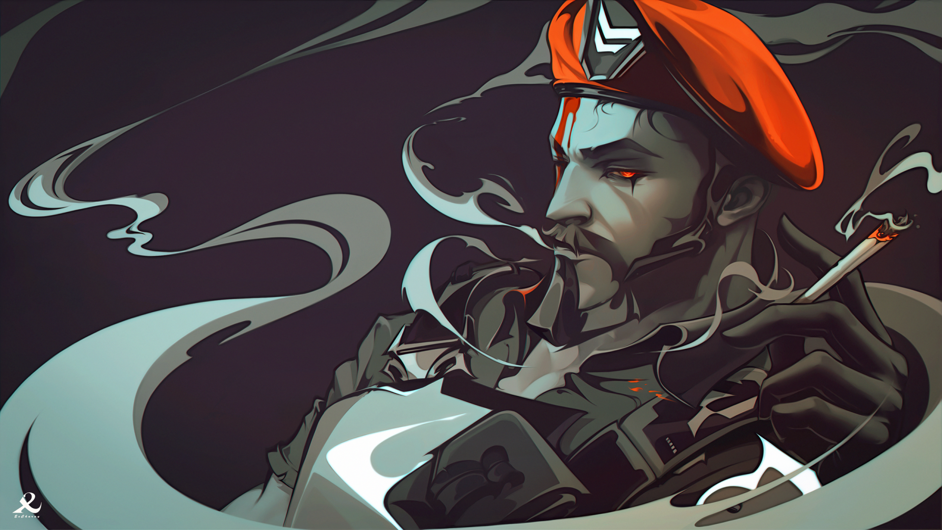 HD Valorant PC desktop wallpaper featuring Brimstone in a stylized, smoky digital art design with a red beret and intense expression.