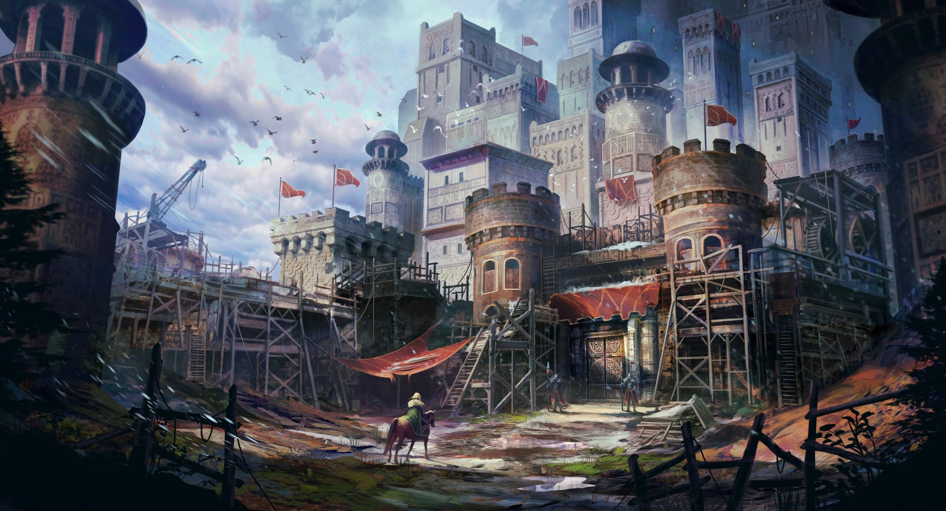 HD fantasy PC desktop wallpaper depicting a grand medieval castle under construction, surrounded by scaffolding with a lone figure on horseback approaching the entrance.