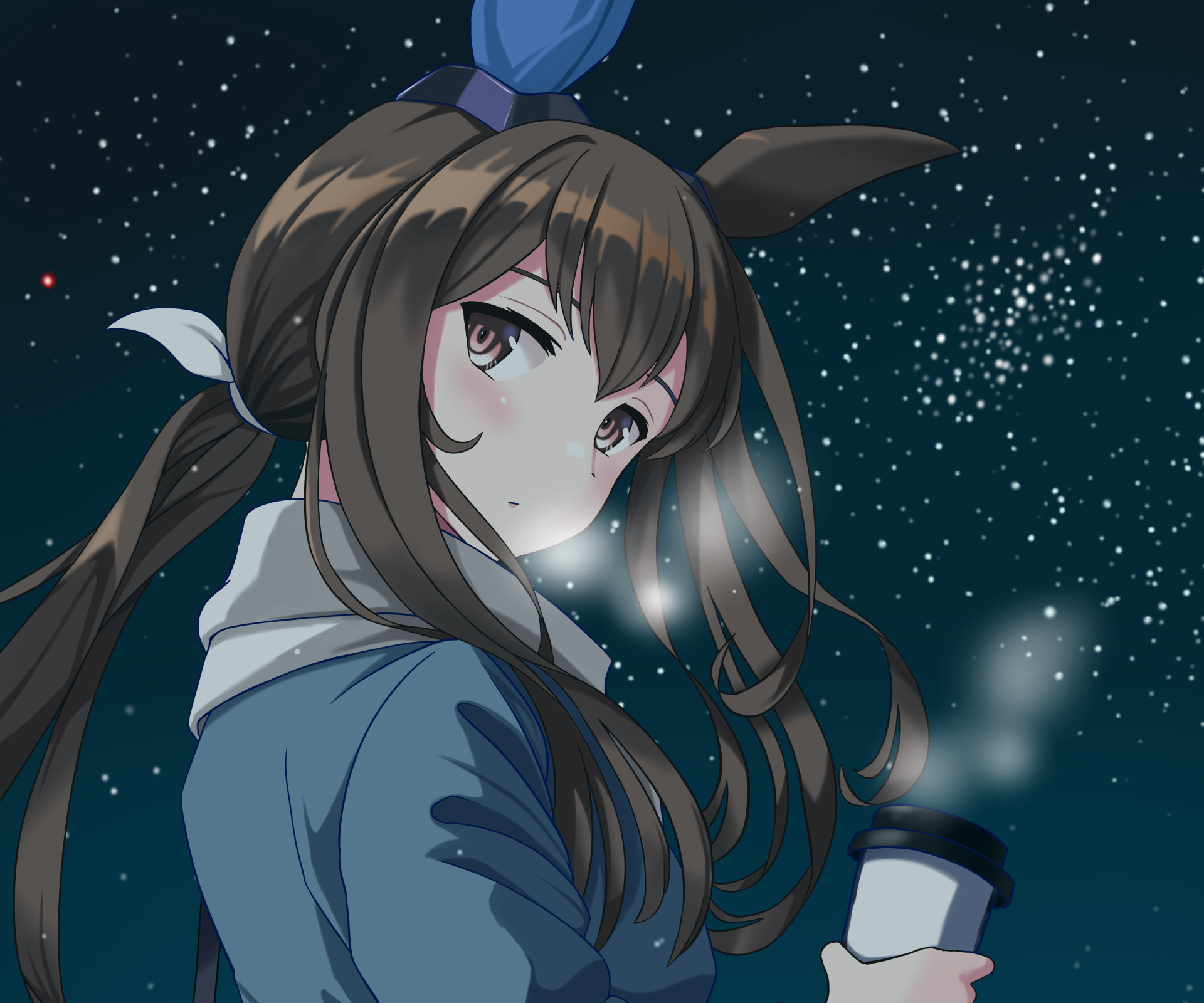 Admire Vega (Uma Musume: Pretty Derby) — anime girl with horse ears and twin tails gazing over her shoulder beneath a starry night; 4K Ultra HD PC desktop wallpaper.