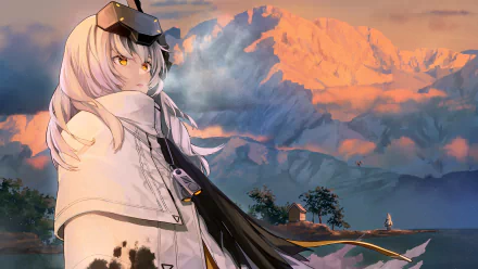 4K Ultra HD PC desktop wallpaper featuring a character from the video game NIKKE Goddess of Victory against a dramatic mountainous landscape at sunset.