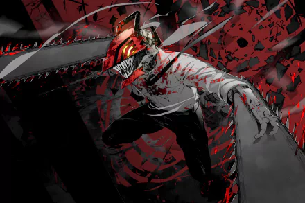 HD desktop wallpaper featuring Denji from the anime Chainsaw Man, showcasing a dynamic and intense action scene with vibrant red and dark tones in the background.
