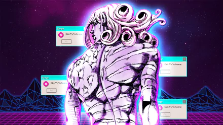 Futuristic HD PC desktop wallpaper featuring a stylized character from JoJo's Bizarre Adventure: Steel Ball Run with glitchy Windows error pop-ups and a neon retro grid background.