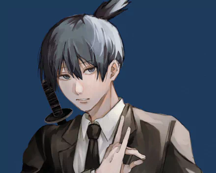 Aki Hayakawa from Chainsaw Man — anime 2K Quad HD PC desktop wallpaper: portrait of him in a suit with gray-black hair, adjusting his tie, a katana slung over his shoulder on a blue background.