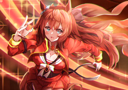 Maruzensky (Uma Musume), Anime, Uma Musume: Pretty Derby — 4K Ultra HD PC desktop wallpaper of her in a red uniform, long flowing hair and glowing golden streaks in a dynamic pose.