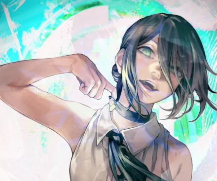 HD PC desktop wallpaper: Reze (Chainsaw Man) anime close-up, short dark hair and green eyes, tugging her collar against a teal-and-white abstract background.