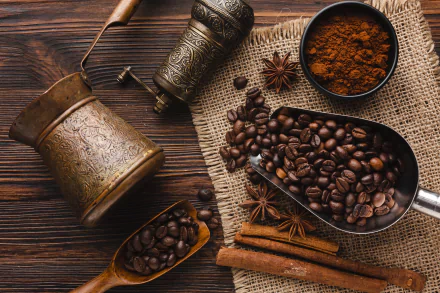 5K Ultra HD PC desktop wallpaper and background of roasted coffee beans and ground coffee with a vintage cezve, cinnamon sticks and star anise on burlap and wood — coffee, coffee beans, food.