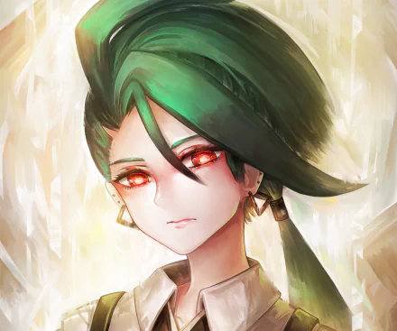 HD PC desktop wallpaper of a green‑haired, red‑eyed character from the video game Pokémon: Scarlet and Violet, painterly portrait bathed in soft glowing light.