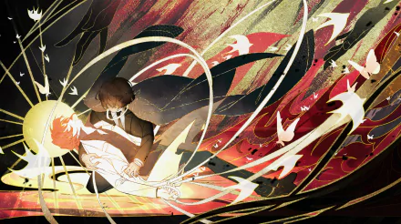 HD anime wallpaper featuring Sakunosuke Oda and Osamu Dazai from Bungou Stray Dogs, showcasing dynamic action and vibrant artistic design.