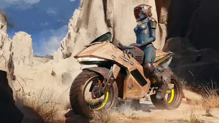 4K Ultra HD PC desktop wallpaper and background: sci‑fi motorcycle vehicle with an armored rider on a sleek futuristic bike in a rocky desert canyon.