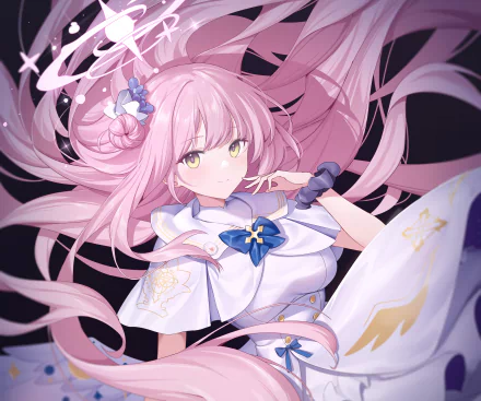 2K Quad HD PC wallpaper of Misono Mika from the video game Blue Archive — long pink hair, yellow eyes, white sailor-style outfit with blue bow, flowing ribbons against a dark backdrop.