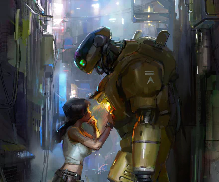 HD sci-fi desktop wallpaper depicting a friendly robot gently interacting with a young girl in a neon-lit, futuristic urban alley.