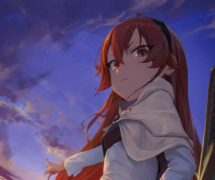 Eris Boreas Greyrat from Mushoku Tensei: Jobless Reincarnation stands against a vivid evening sky in this HD anime desktop wallpaper.