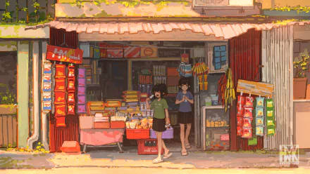 HD anime desktop wallpaper featuring two anime girls standing outside a colorful, detailed street-side shop filled with various goods and vibrant displays.