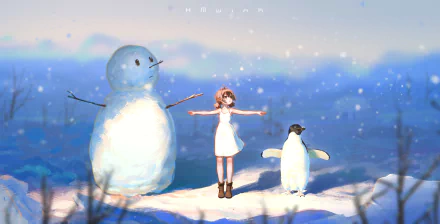 HD PC desktop wallpaper featuring an anime girl standing between a snowman and a penguin on a snowy cliff under a soft, blue sky.