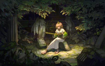 HD anime desktop wallpaper featuring an anime girl in a white dress playing a stringed instrument, surrounded by stone statues and lush greenery in a serene, dimly lit setting.