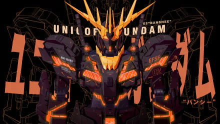 4K Ultra HD PC desktop wallpaper featuring the intense, glowing Gundam Unicorn Banshee in dark and orange tones with a futuristic, mechanical design.