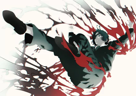 Himeno (Chainsaw Man) anime HD PC desktop wallpaper — low-angle action pose with blood-red splatters and high-contrast shadows forming a dramatic background