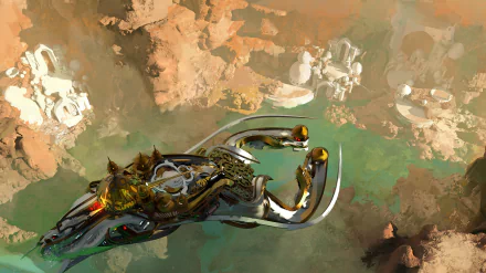 Futuristic sci-fi vehicle glides over a rugged, alien terrain in this HD PC desktop wallpaper and background.