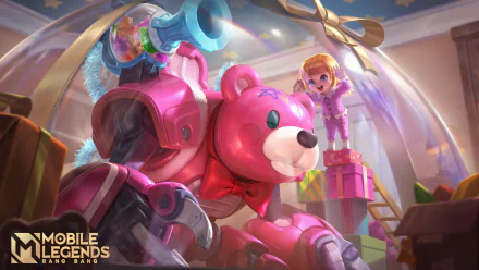 HD PC desktop wallpaper of Mobile Legends: Bang Bang (mobile game) showing a pink bear mech and its small pilot amid colorful, toy-like surroundings as video game artwork.