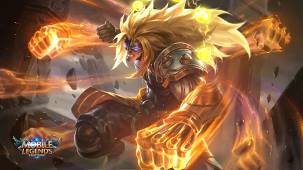 Video game HD PC desktop wallpaper for Mobile Legends: Bang Bang — armored lion‑man hero with glowing golden gauntlets and flowing mane lunging through fiery energy.
