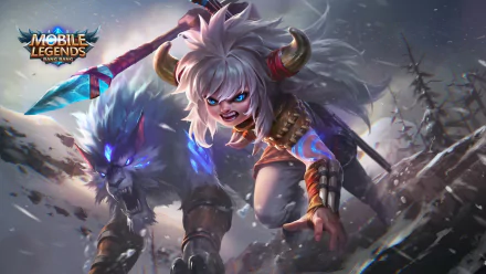 HD PC desktop wallpaper of the video game Mobile Legends: Bang Bang showing Popol and his wolf Kupa lunging through a snowy battlefield in fierce, dynamic fantasy action.