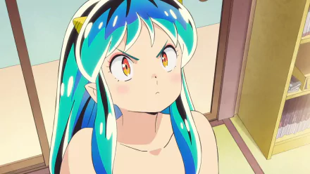 HD PC desktop wallpaper featuring Lum from the 2022 anime Urusei Yatsura, showcasing her vibrant blue-green hair and distinctive yellow horns in a close-up scene.
