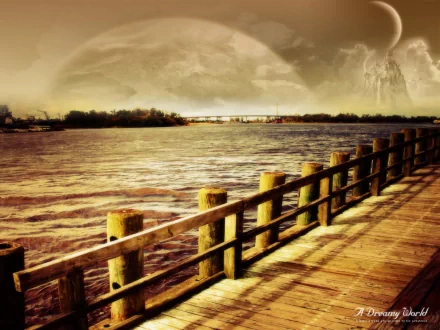 HD PC desktop wallpaper: dreamy nature scene — wooden boardwalk over choppy water, distant bridge and trees beneath a giant pale moon and misty sky.