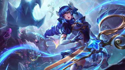 HD PC desktop wallpaper featuring Gwen from the video game League of Legends, showcasing her dynamic pose with glowing blue effects and intricate weapon details.