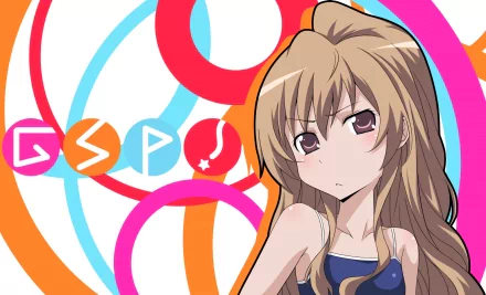 HD PC desktop wallpaper featuring Taiga Aisaka from the anime Toradora! against a vibrant background of colorful overlapping circles.