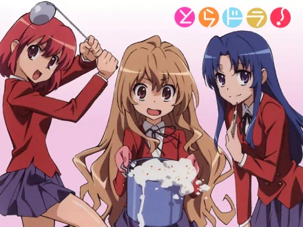 HD Toradora! PC wallpaper of Taiga Aisaka, Minori Kushieda and Ami Kawashima in school uniforms celebrating with a messy cake on a pale pink background.