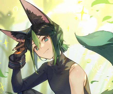 Tighnari (Genshin Impact) — green-haired, fox-eared archer with a tail, smiling in a sunlit forest; vibrant video game artwork and 2K Quad HD PC desktop wallpaper/background.