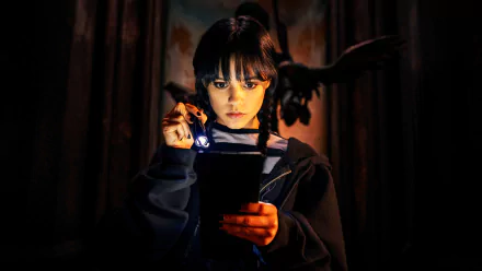 HD desktop wallpaper of Jenna Ortega as Wednesday Addams from the TV show Wednesday, holding a flashlight and looking intently at an object in dim lighting.